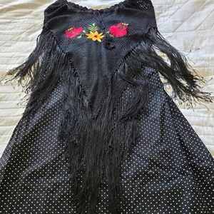 polka dot strapless dress with embroidered shawl